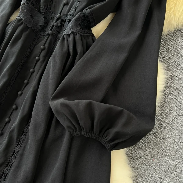 ZT1464 French Vintage Black Woman Clothes High-end Temperament V-neck Hollow Lace Patchwork Single Breasted Lantern Sleeve Dress - Image 3