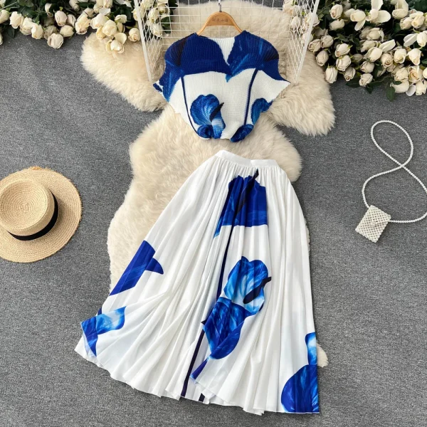 LE1297 Fast Delivery Boutique Women'S Pleated Casual Suit Long Pleated Skirts Print Shirt Short Sleeve Top - Image 4