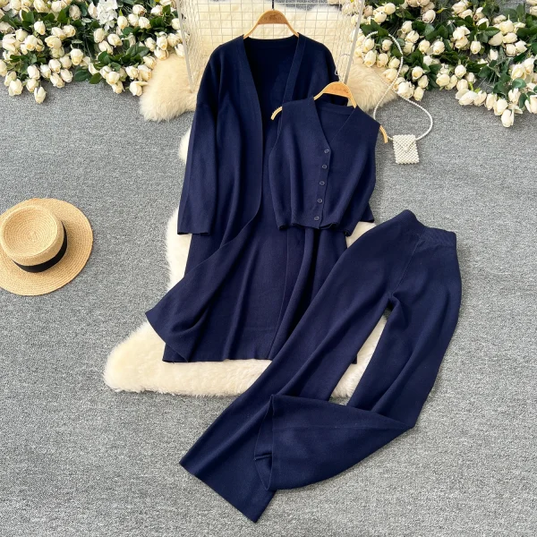 LW0110 Haute Couture Sleeveless V-Neck Vest Loose Mid-Length Knit Coat High-Waisted Trousers Women'S Three-Piece Set - Image 3