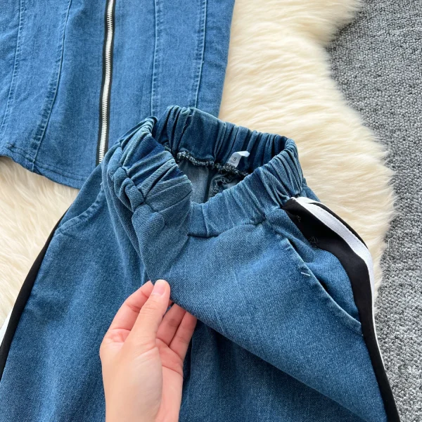 LE4750 Casual Wear With a Two-Piece Women'S Fashion Stand Collar Zipper Short Sleeve Patchwork Top Wide-Leg Pants Denim Suit - Image 6