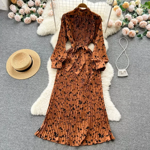 ZT1458 Spring Autumn New Printed Dress Woman Clothes Elegant Dresses  French Vintage Temperament Chic Pleated Fishtail Dress
