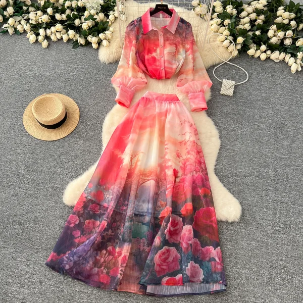 LW0576 Advanced Sense Set Women'S Style Loose Lapel Long Sleeve Printed Shirt High Waist Long Skirt Two Piece Set for Ladies