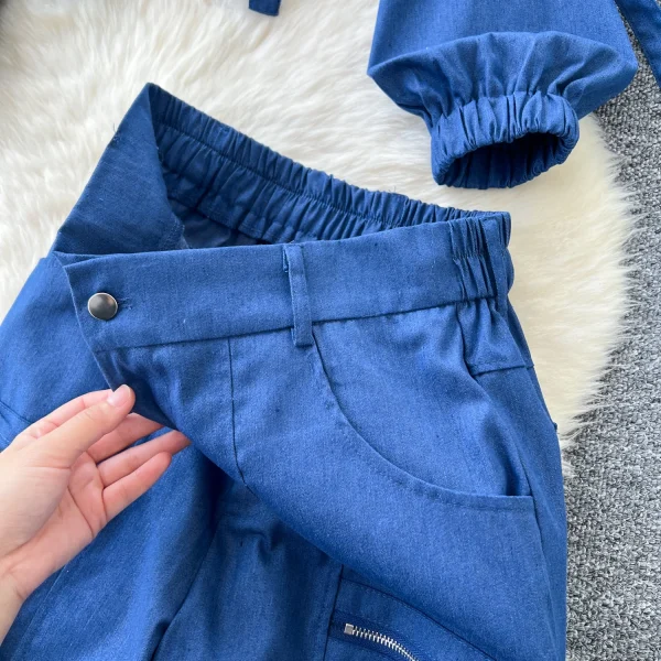LE4759 Sweet Cool Spice Tie up Lapel Zipper Long Sleeve Top Coat Women'S High-Waisted Cargo Casual Wide-Leg Trouser Suit - Image 4