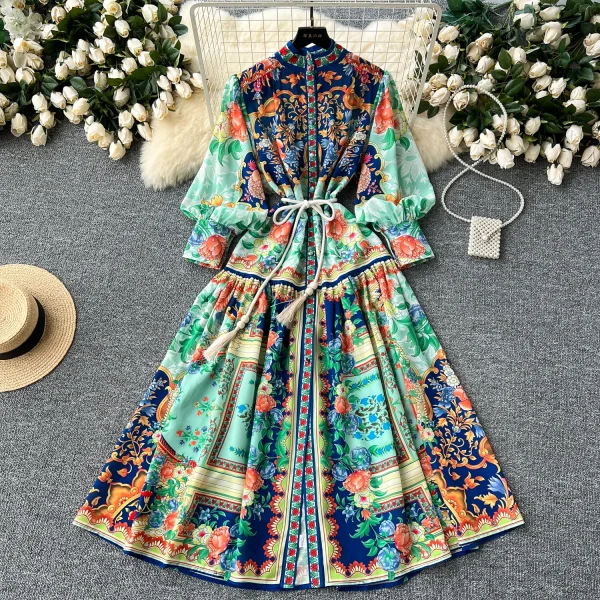 ZT1504 Vintage Stand Collar Lantern Long-sleeved Big Swing Dress Women Floral Printed Dress Elegant Midi Dresses - Image 6