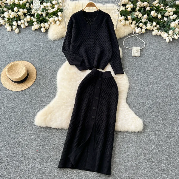 LW0132 Korean Wear With Women'S New Autumn Lazy Loose Set Head V-Neck Knit Top High Waist Slit Skirt Ladies Two Sets - Image 4