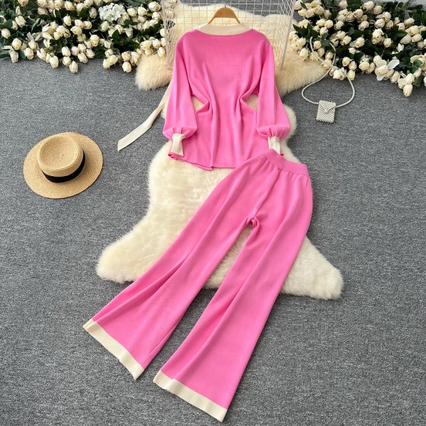 LW0147 Women'S Two-Piece Crew-Neck Tie With Lantern Sleeve Knitted Top High-Waisted Casual Pants Women 2 Piece Winter Suit - Image 6