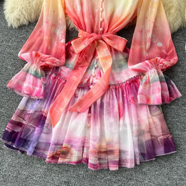 ZT1517 European Flared Sleeve Dress Women French Elegant Sweet Print Waist Strap V-neck Ruffled Short Dresses - Image 5