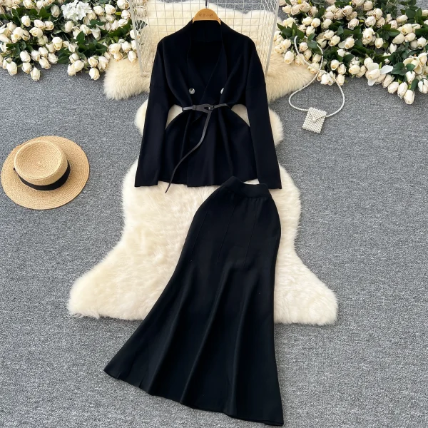 LW0146 Feminine Wear With Autumn Two-Piece Set Advanced Sense Lace-Up Waist Lapel Long-Sleeved Sweater Coat Skirt - Image 2