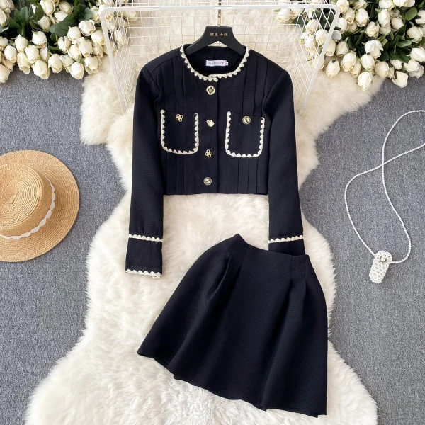 LE4747 Elegant 2-Piece Sets for Women Short Round Neck Suit Jacket + High Waist A-Line Skirt Two Suits