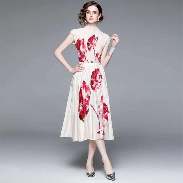 LE1305 Accept  Casual Style Boutique Women 2 Pieces Sets Floral Print Miyake Pleated Short-Sleeved Tops Pleated Skirts - Image 3