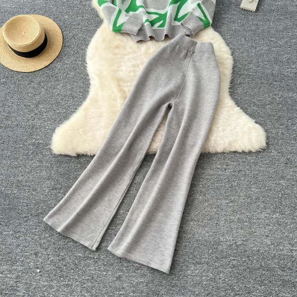 LW0102 Contrasting Color Line Knitwear Women'S Crew Neck Long Sleeve Pullover Sweater High Waist Wide Leg Pants Two-Piece Set - Image 4