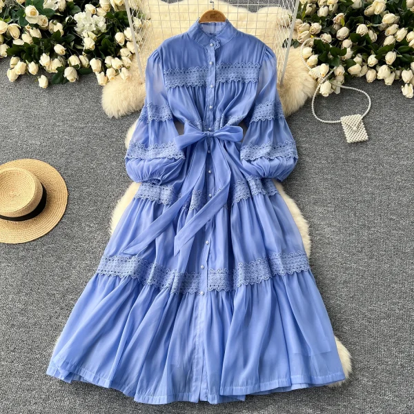 ZT1469 Court Style Women'S Embroidered Long Dresses 2025 Elegant Lace Splicing Stand Collar Single Breasted Waist Evening Gown - Image 2