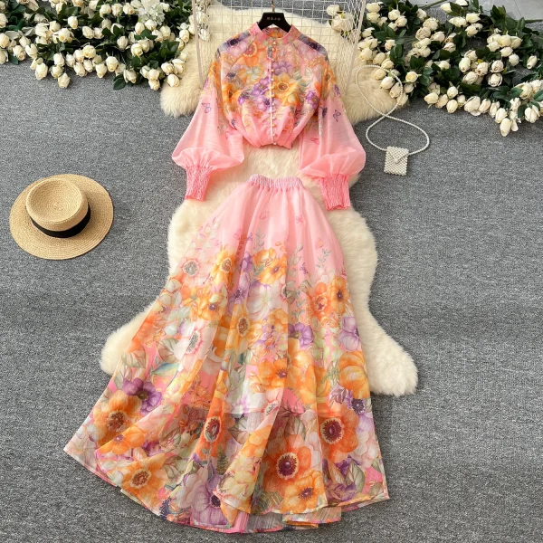 LW0575 2025 Spring Ladies' Holiday Style Stand Collar Lantern Sleeve Slim Shirt High Waist Long Skirt