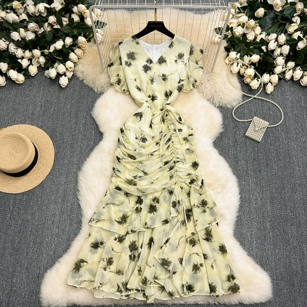 ZT1523 French Vintage Platycodon  Design Sense Floral Print  Ruffled Chiffon Elegant Fashional Fresh Sweet Midi Dresses Women - Image 4