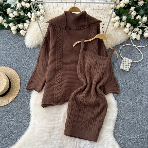 LW0610 Gentle Wind Sweet Halter Twist Knitted Dress Female Long-Sleeved Sweater Coat Female Skirt Two Piece Set for Ladies - Image 4