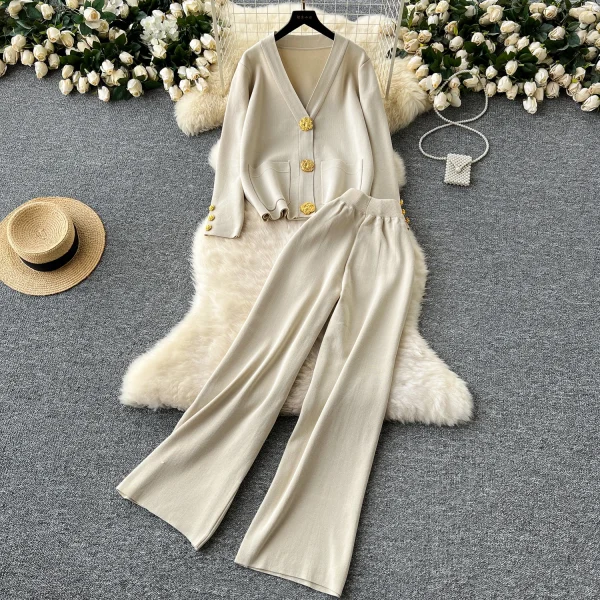 LW0104 Small Fragrant Wind Two-Piece Women'S Metal Button Sweater Sweater Sweater Casual Pants Two-Piece Ladies - Image 2