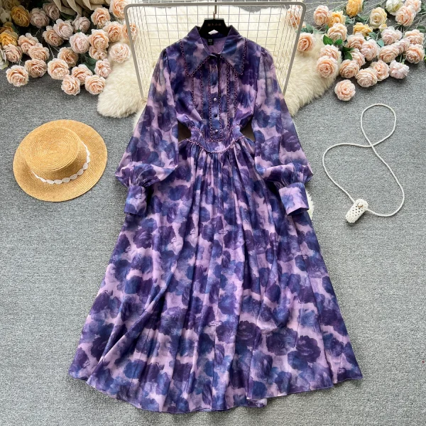 ZT1551 French Vintage Temperament Spring Women's Shirt Collar Design Elegant Floral Printed Sweet Advanced Feeling Maxi Dress - Image 2