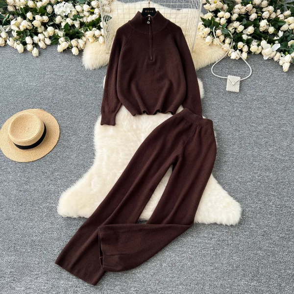 LW0149 Women'S Fashion Suit All-In-One Age-Reducing Casual Stand Collar Zipper Sweater Sweater Pants Two-Piece Set - Image 2