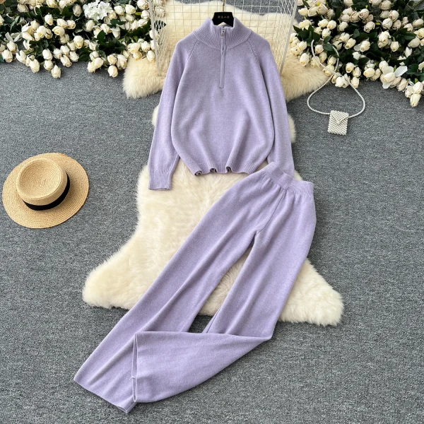 LW0149 Women'S Fashion Suit All-In-One Age-Reducing Casual Stand Collar Zipper Sweater Sweater Pants Two-Piece Set - Image 5