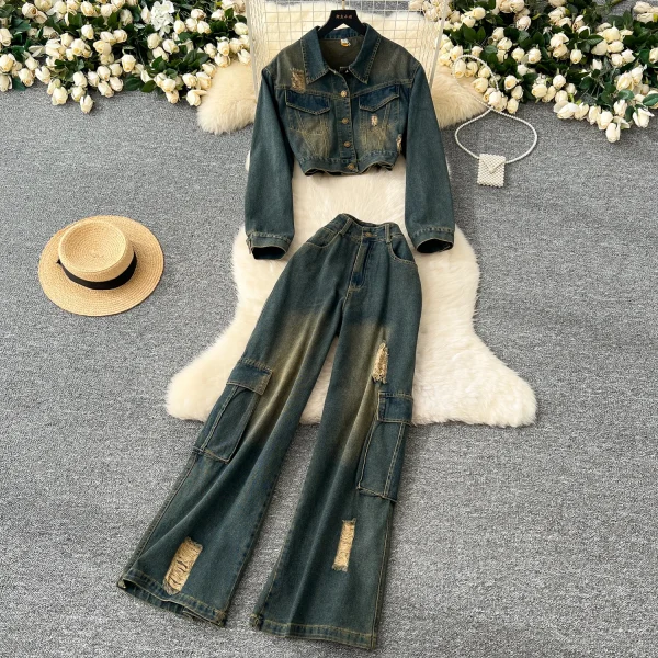 LW0109 Vintage Denim Suit Women'S Fashion Short Jacket Jacket Overalls Ripped Wide-Leg Pants Two-Piece Ladies