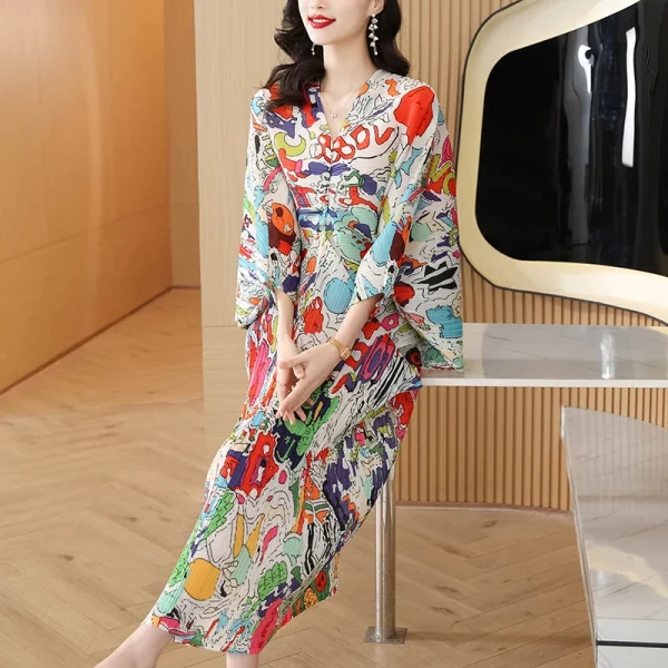 2025 Floral Printing Miyake Pleated Dress Printing Elastic Loose Casual Style Bat Sleeves Women Elegant Dresses - Image 4