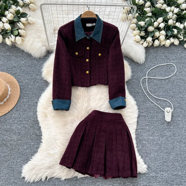 LW0099 British Style Suit Women Contrast Color Lapel Short Metal Buckle Coat High Waist Pleated Skirt Two-Piece Ladies - Image 2