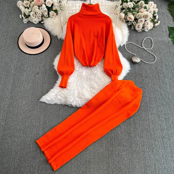 LE4755 Women'S Winter Pant Sets Vintage Turtleneck Loose-Fitting Knit Sweater Two-Piece High Fanny Pack Hip Skirt