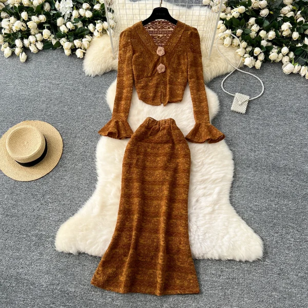 LW0100 Advanced Sense Rose Flower V-Neck Flared Sleeve Top Women'S High Waist Slim-Fit Skirt Lace Two-Piece Set
