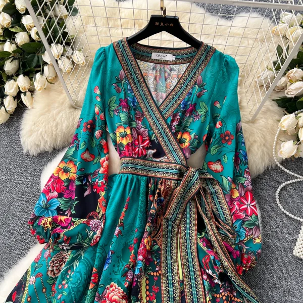 ZT1519 European Luxury Retro Fashion Floral Print Elegant Long Sleeve Vintage One-piece Style French Maxi Dress Woman - Image 2