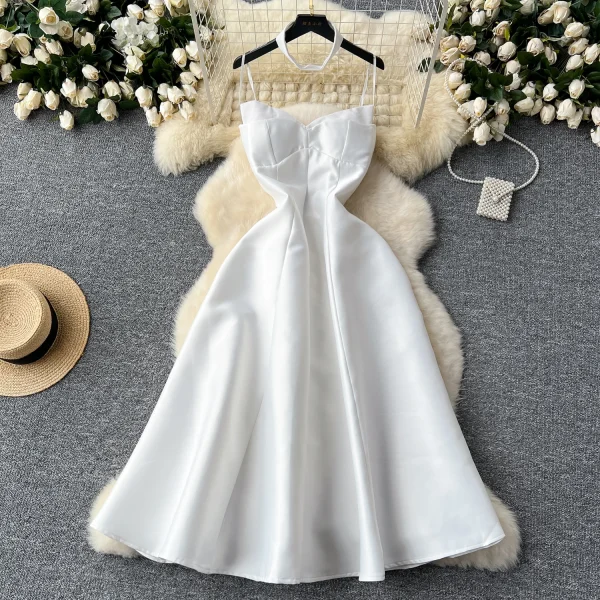 ZT1472 French Womens Dresses Luxury Socialite V-neck  Halter A-line Pompon Dress Senior Sense Maxi Dress Evening Gown - Image 3