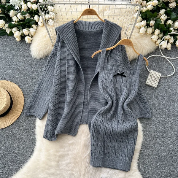 LW0610 Gentle Wind Sweet Halter Twist Knitted Dress Female Long-Sleeved Sweater Coat Female Skirt Two Piece Set for Ladies - Image 2