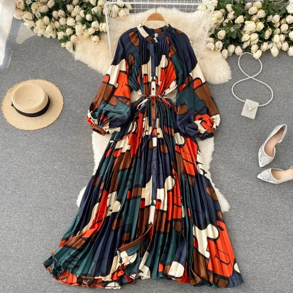 ZT1530 French Vintage Long-sleeved Shirt Dress Elegant Retro Temperament Splice Elegant Printed High-end Holiday Maxi Dress - Image 4
