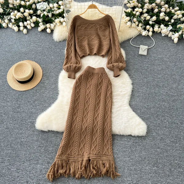 LW0151 Gentle Wind Wear Two-Piece Women'S Fall/Winter Jumper Long-Sleeved Short Twist Sweater Knitted Fringe Skirt