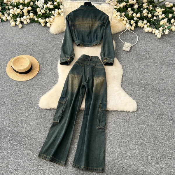 LW0109 Vintage Denim Suit Women'S Fashion Short Jacket Jacket Overalls Ripped Wide-Leg Pants Two-Piece Ladies - Image 2