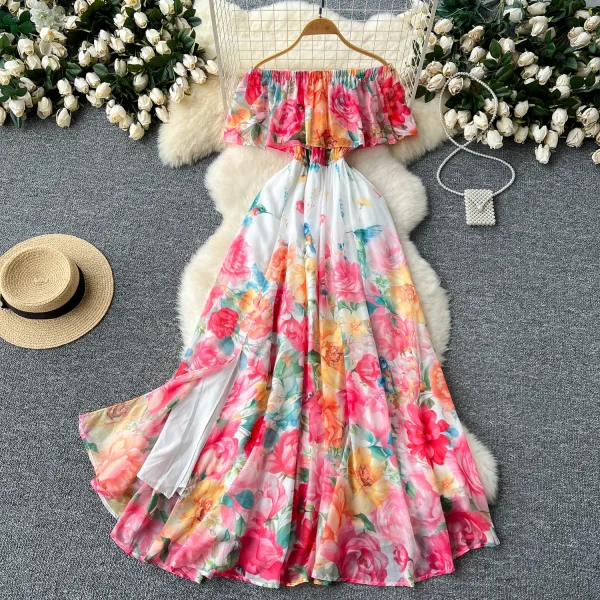 ZT1500 One-line Shoulder Ruffled Waist European Design Large Swing Printed Chiffon Floral Printed Elegant Midi Dresses