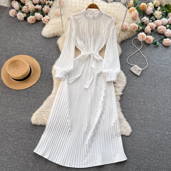 ZT1459 Spring Autumn Dresses Stand Collar Solid Color Senior Sense Elegant Dresses Strap Irregular Pleats Long Dresses Women - Image 3