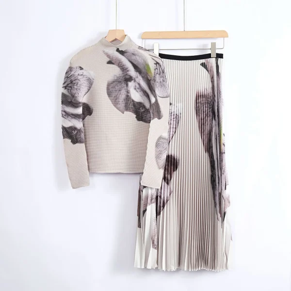 LE1085 Miyake Flower Printed Two Piece Outfit Pleated Stand Long Sleeve Top Pleated Skirt Two Piece Set - Image 4