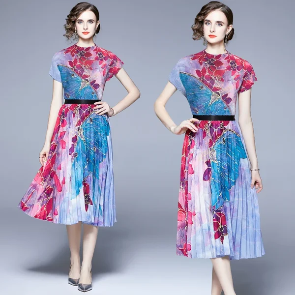 Accept Plus Size Loose Casual Style Boutique  Women 2 Pieces Sets Printed Miyake Pleated Short-Sleeved Tops Pleated Ski