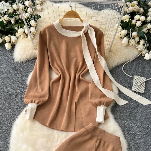 LW0147 Women'S Two-Piece Crew-Neck Tie With Lantern Sleeve Knitted Top High-Waisted Casual Pants Women 2 Piece Winter Suit - Image 3