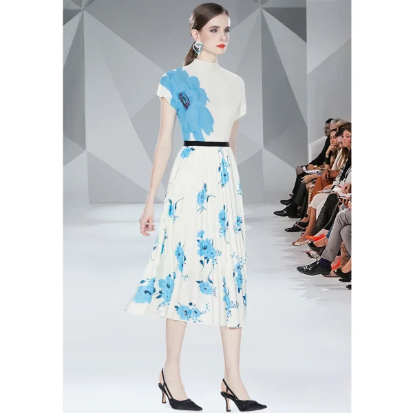 Floral Print Large Size Pleated Top High Waist Long Pleated Skirt Elegant Miyake Press Pleated Design Boutique Women'S Suit - Image 4