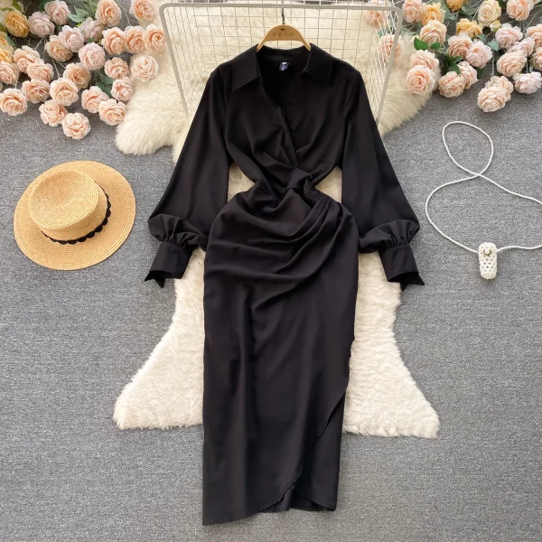 ZT1547 Senior Sense Royal Luxury Satin Dress Female Design Sense Evening Gown Lapel Elegant Slimming Temperament Sexy Maxi Dress - Image 2