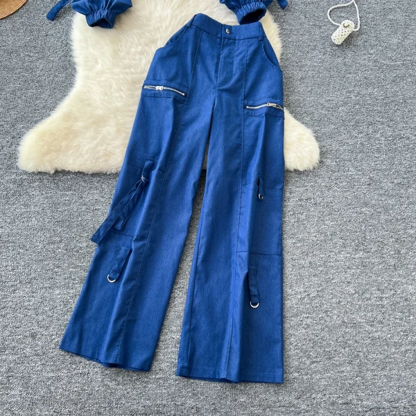 LE4759 Sweet Cool Spice Tie up Lapel Zipper Long Sleeve Top Coat Women'S High-Waisted Cargo Casual Wide-Leg Trouser Suit - Image 6