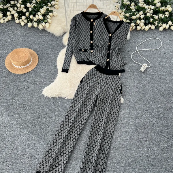 LW0120 Vintage Jacquard Women Two Sets of Small Fragrant Sleeveless Knitted Sweater Cardigan Jacket Wide Leg Trousers - Image 3