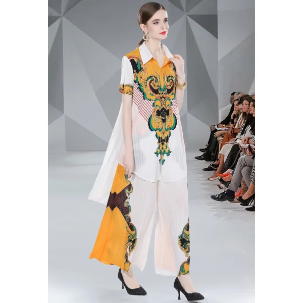 High Elasticity Courtly Style Printed Miyake Fold Suit Pleated Loose Lapel Single Breasted Shirt Wide Leg Pants 2-Piece Set - Image 5