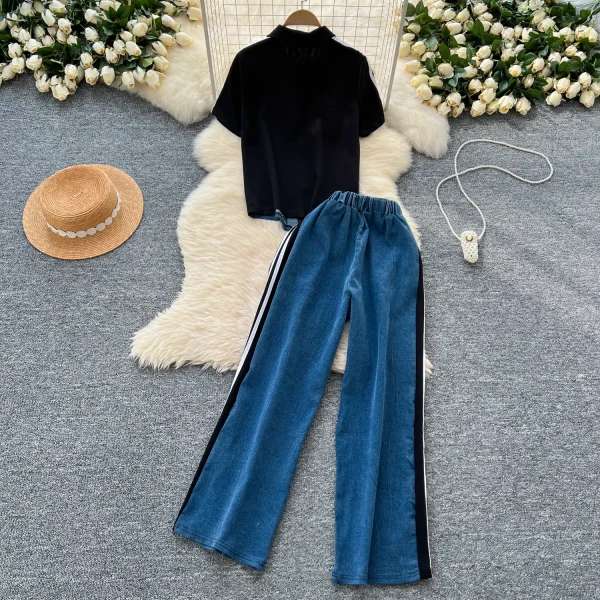 LE4750 Casual Wear With a Two-Piece Women'S Fashion Stand Collar Zipper Short Sleeve Patchwork Top Wide-Leg Pants Denim Suit - Image 2