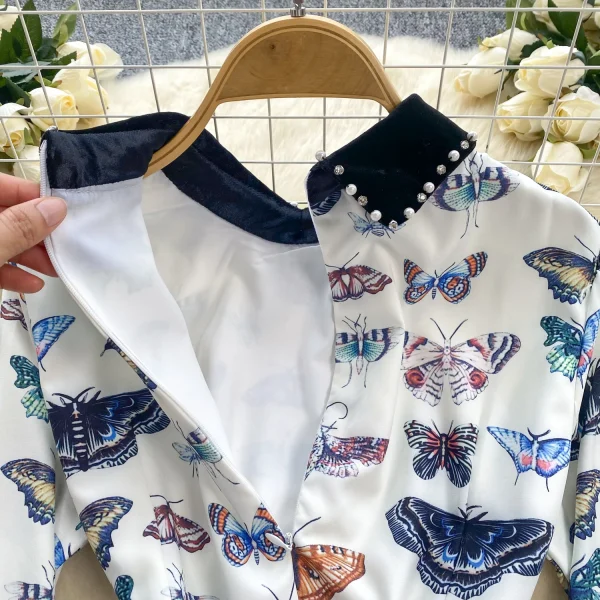 ZT1483 European Retro Nailed Beaded Diamond Bow Collar Long Sleeve Fashion Woman Clothes High-end Printed Elegant Dress - Image 4