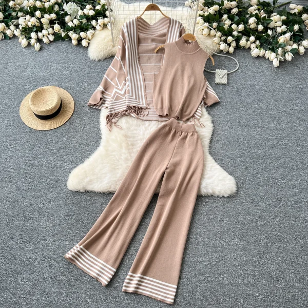 LW0098 Gentle Wind All Match Color Fringed Shawl Coat Sweater Sleeveless Vest High Waist Wide Leg Pants  Set