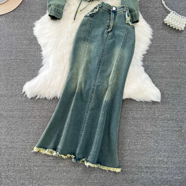 LE4752 Fashion Suit Women Fashion Denim Short Jacket Two-Piece Set High Waist Slimming Fish Tail Wrap Hip Skirt - Image 5
