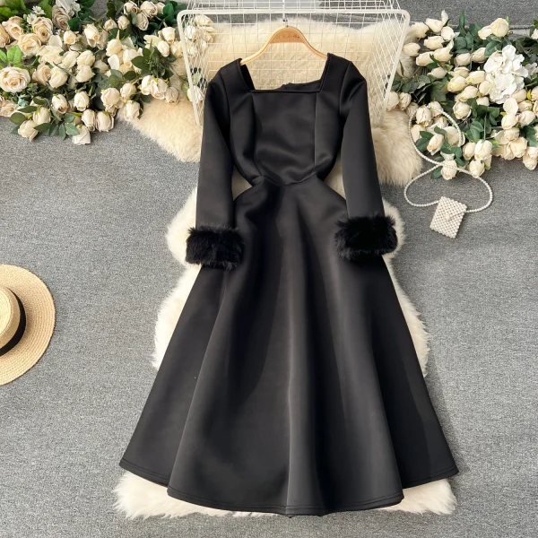 ZT1546 Female Birthday Party Evening Gown Banquetelegant Luxury  High-end Exquisite Waist Fur-patchwork Dress Midi Dress - Image 3