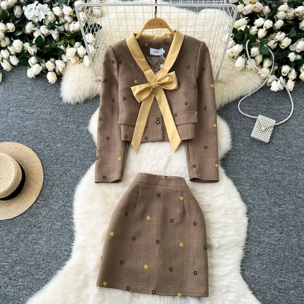 LE4757 Senior Sense Wear Women'S Autumn Two-Piece Set Bow Short Embroidered Coat High Waist Skirt - Image 3